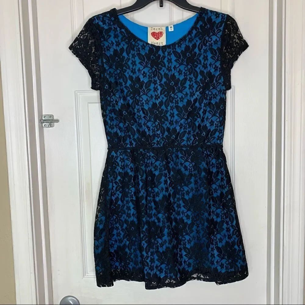 Derek Heart Blue Dress Black Overlay Size Medium